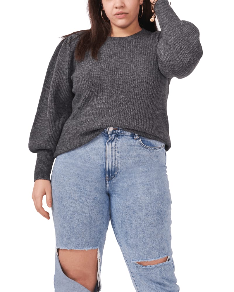Front of a model wearing a size 0X Francisca Ribbed Sweater in MED HTR GREY by 1.State. | dia_product_style_image_id:262104